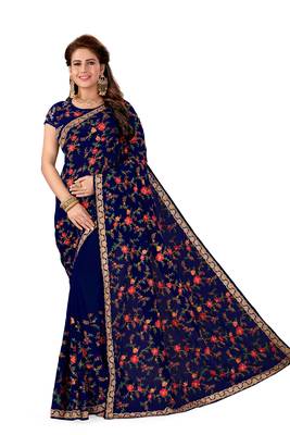 Navy Blue Embroidered Georgette Saree With Blouse 1