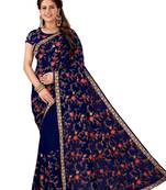 Navy Blue Embroidered Georgette Saree With Blouse