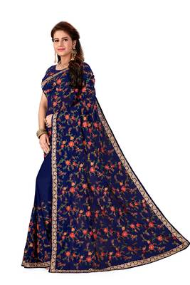Navy Blue Embroidered Georgette Saree With Blouse 2