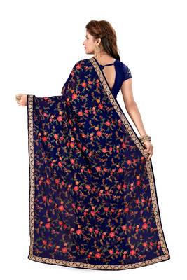 Navy Blue Embroidered Georgette Saree With Blouse 3