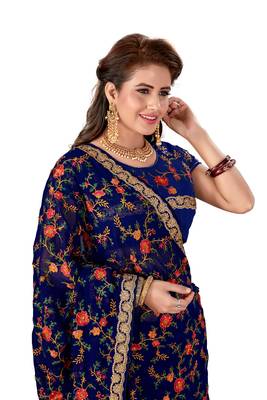 Navy Blue Embroidered Georgette Saree With Blouse 4