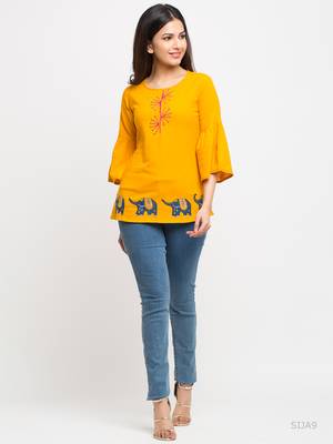 Women'S Yellow Womens Cotton Patch Work Top 1