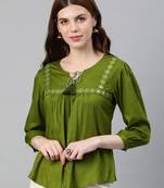 Women'S Green Rayon Slub Mirror Work Regular Top