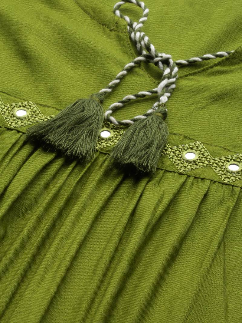 Women'S Green Rayon Slub Mirror Work Regular Top