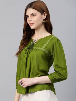 Women'S Green Rayon Slub Mirror Work Regular Top 3