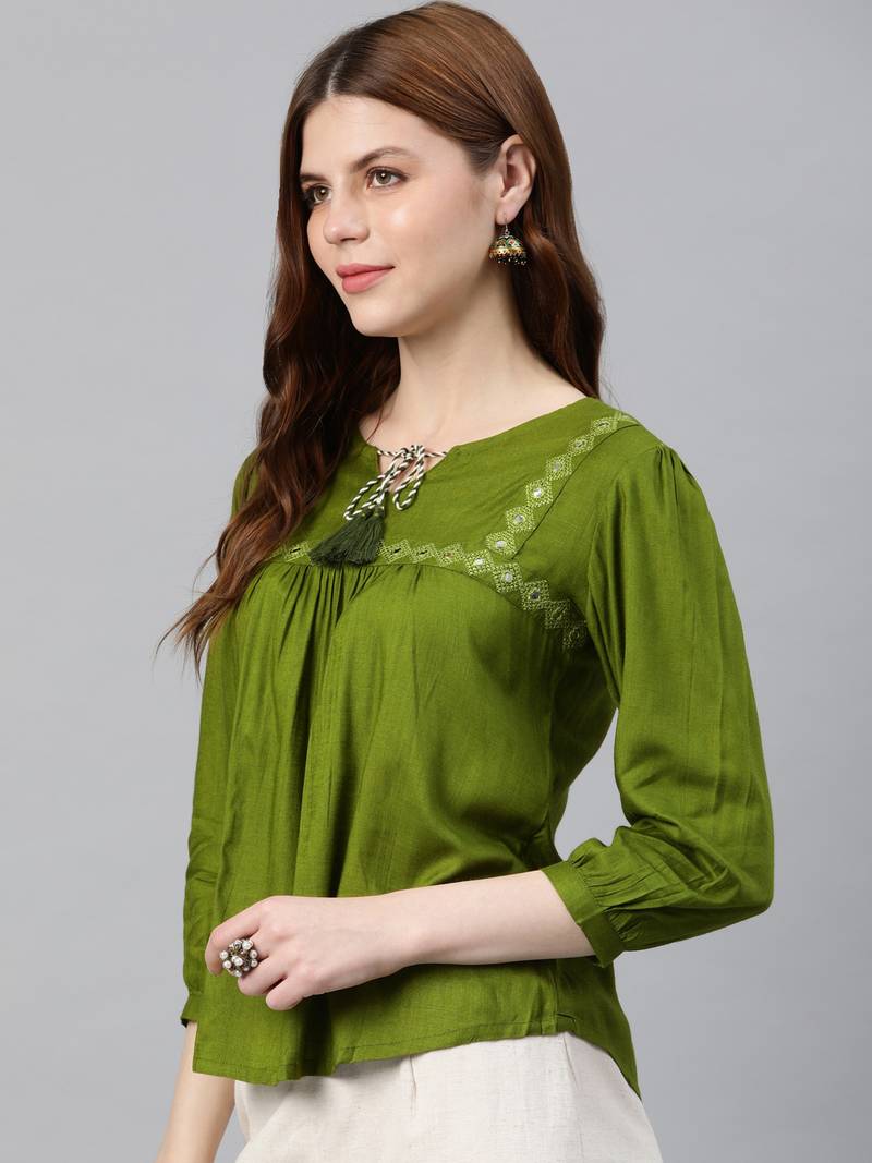 Women'S Green Rayon Slub Mirror Work Regular Top