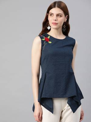 Women'S Blue Kantha Cotton Embroidered Regular Top 1