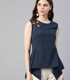 Women'S Blue Kantha Cotton Embroidered Regular Top