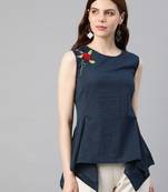 Women'S Blue Kantha Cotton Embroidered Regular Top