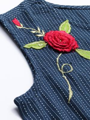 Women'S Blue Kantha Cotton Embroidered Regular Top 2