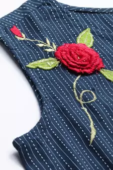 Women'S Blue Kantha Cotton Embroidered Regular Top