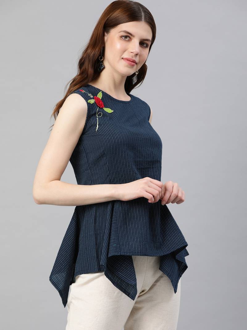 Women'S Blue Kantha Cotton Embroidered Regular Top