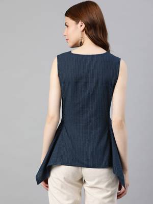 Women'S Blue Kantha Cotton Embroidered Regular Top 4