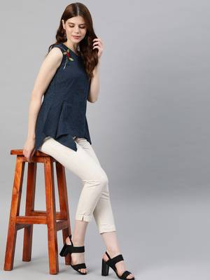 Women'S Blue Kantha Cotton Embroidered Regular Top 5