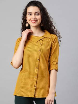 Women'S Mustard Womens Cotton Flex Printed Shirt 1