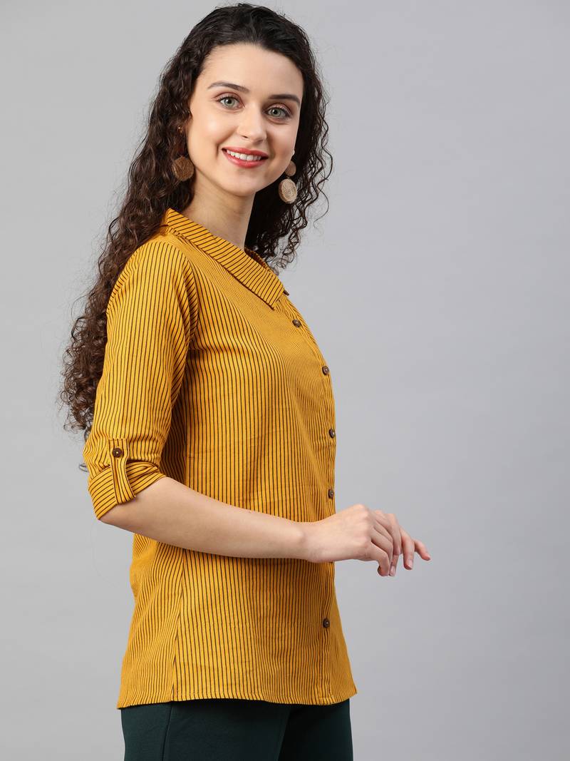 Women'S Mustard Womens Cotton Flex Printed Shirt
