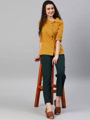 Women'S Mustard Womens Cotton Flex Printed Shirt 5