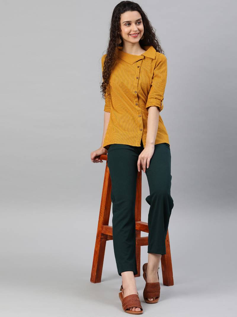 Women'S Mustard Womens Cotton Flex Printed Shirt