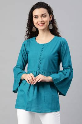 Women'S Green Cotton Slub Solid Regular Top 1