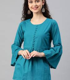 Women'S Green Cotton Slub Solid Regular Top