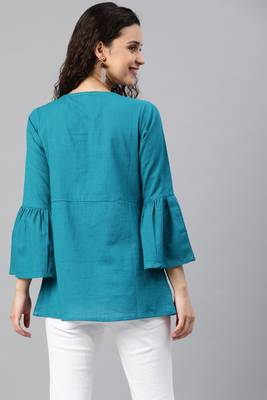 Women'S Green Cotton Slub Solid Regular Top 2