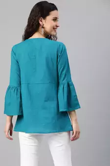 Women'S Green Cotton Slub Solid Regular Top