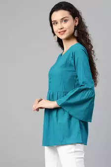 Women'S Green Cotton Slub Solid Regular Top