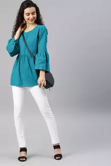 Women'S Green Cotton Slub Solid Regular Top