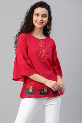 Women'S Pink Cotton Slub Patch Work Regular Top 1