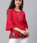 Women'S Pink Cotton Slub Patch Work Regular Top