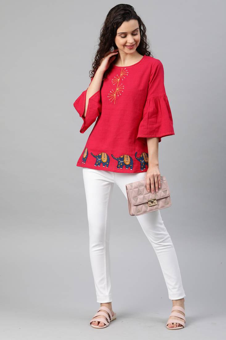 Women'S Pink Cotton Slub Patch Work Regular Top