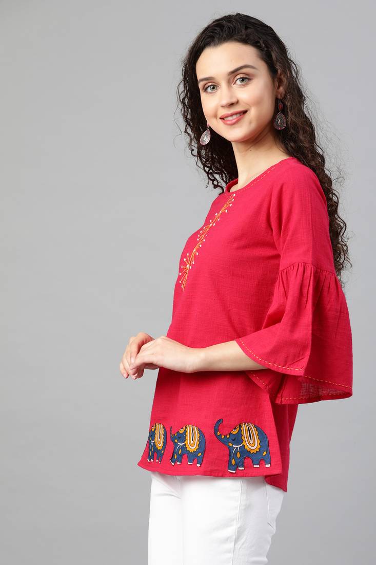 Women'S Pink Cotton Slub Patch Work Regular Top