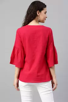 Women'S Pink Cotton Slub Patch Work Regular Top