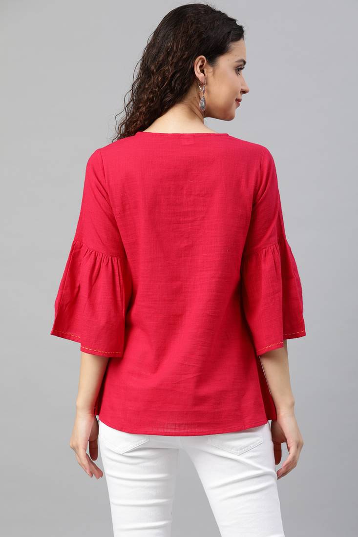 Women'S Pink Cotton Slub Patch Work Regular Top