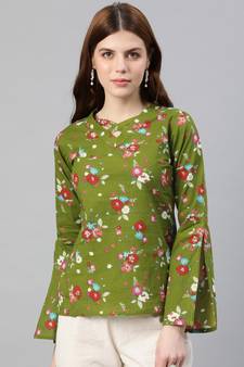 Women'S Green Cotton Floral Print Regular Top