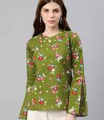 Women'S Green Cotton Floral Print Regular Top