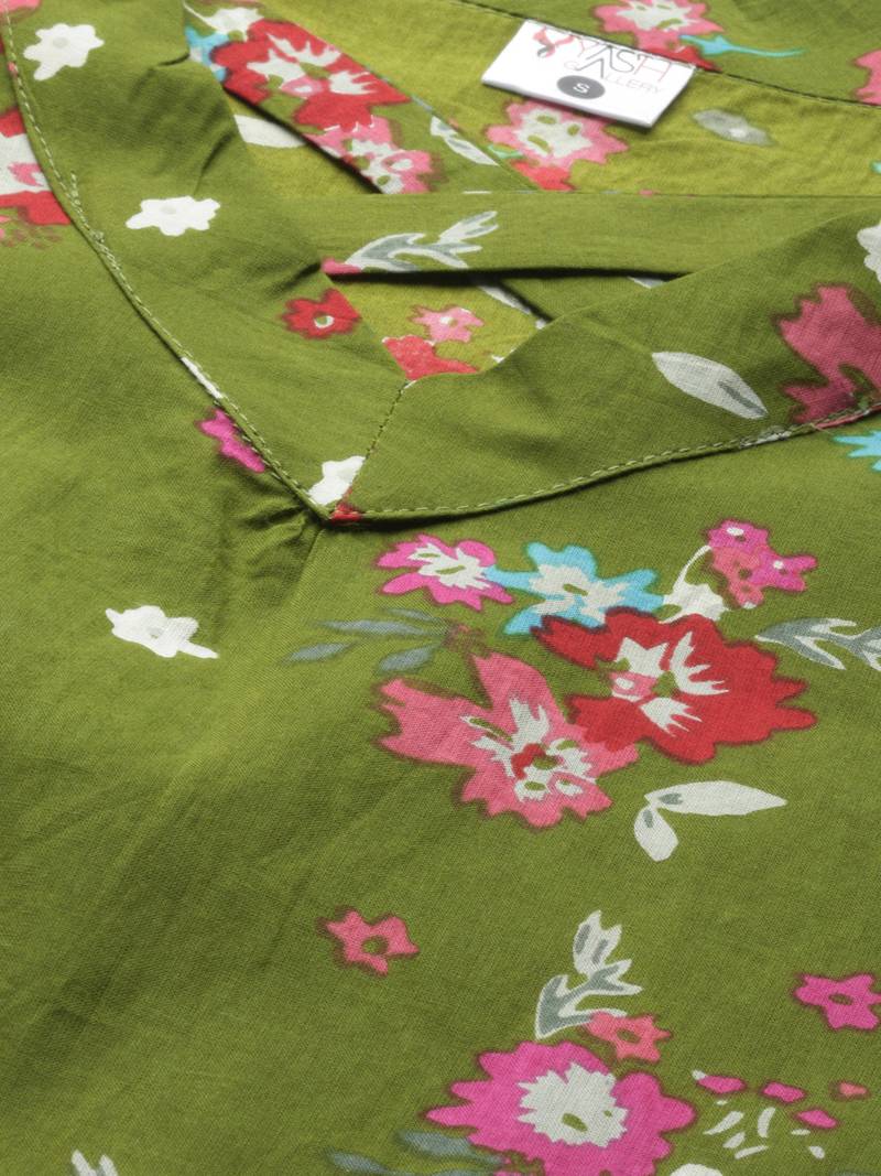 Women'S Green Cotton Floral Print Regular Top
