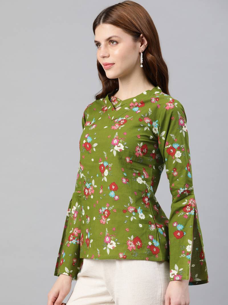 Women'S Green Cotton Floral Print Regular Top
