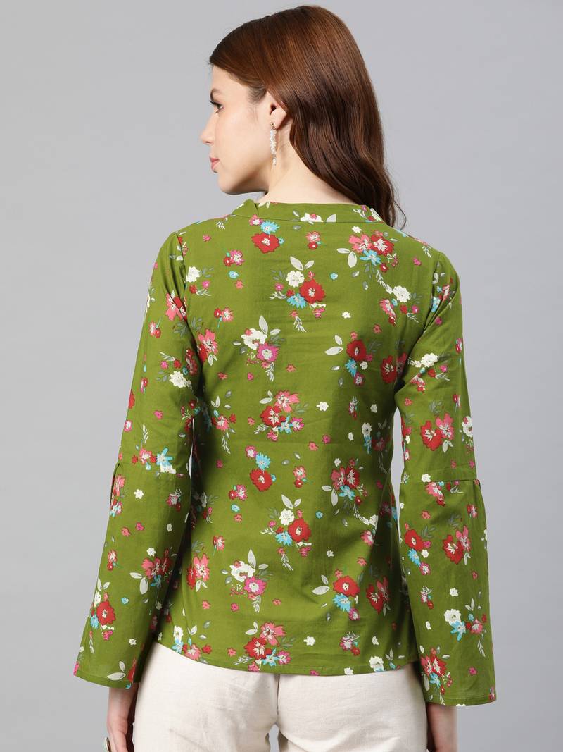 Women'S Green Cotton Floral Print Regular Top