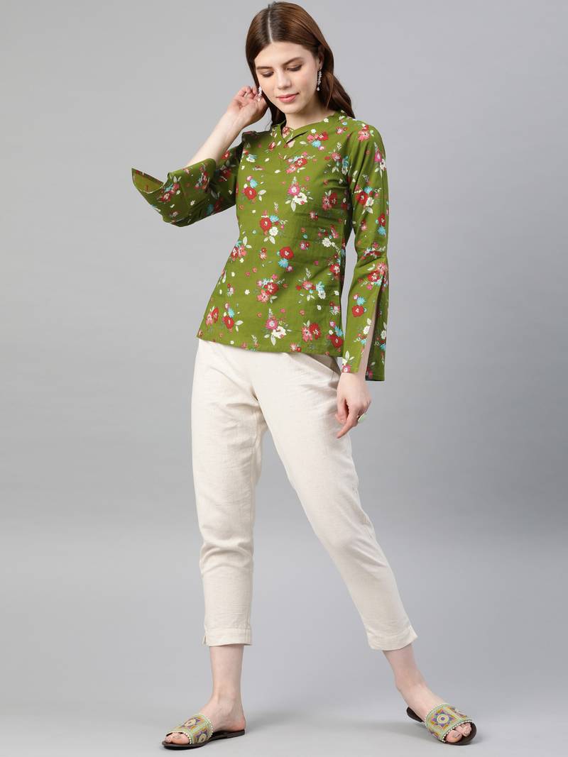 Women'S Green Cotton Floral Print Regular Top