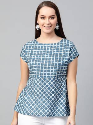 Women'S Blue Cambric Cotton Checks Print Regular Top 1