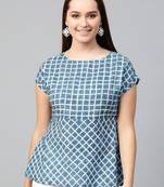 Women'S Blue Cambric Cotton Checks Print Regular Top