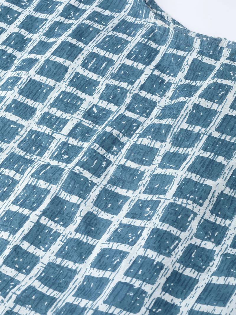 Women'S Blue Cambric Cotton Checks Print Regular Top