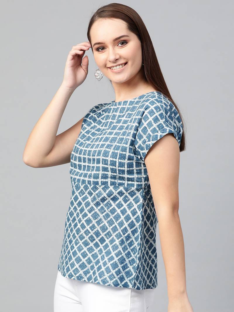 Women'S Blue Cambric Cotton Checks Print Regular Top