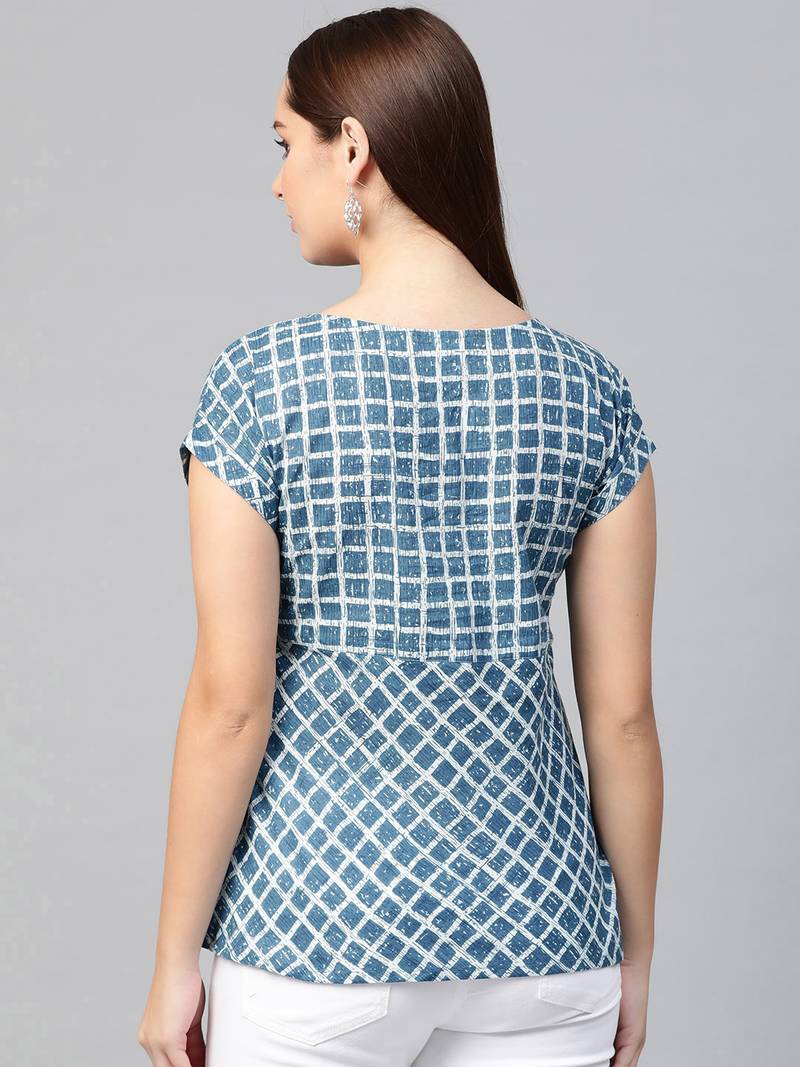 Women'S Blue Cambric Cotton Checks Print Regular Top