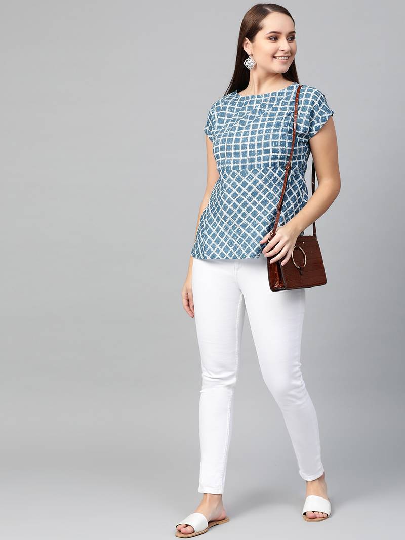 Women'S Blue Cambric Cotton Checks Print Regular Top