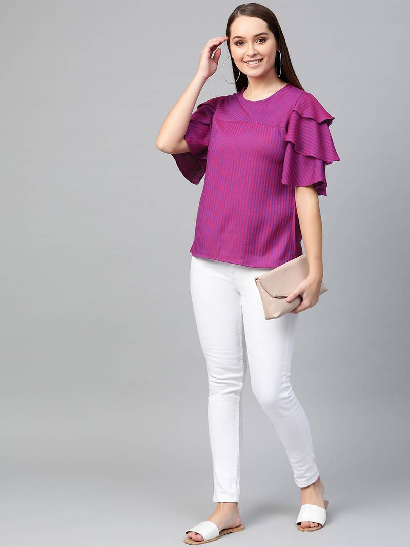Women'S Purple Viscose Stripe Regular Top