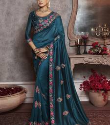 Teal  Embroidered Silk Blend Sarees With Unstitched Blouse Piece