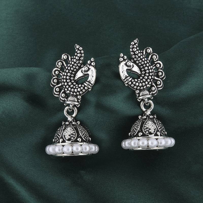 Eye-Catching White Beads In Peacock Shape Jhumki Earrings