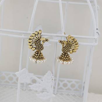 Glitzy Blue Beads In Peacock Shape Jhumki Earrings 3
